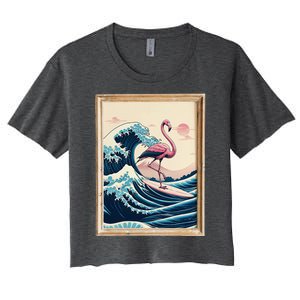 Pink Flamingo Surfer Tropical Great Big Wave Framed Women's Crop Top Tee