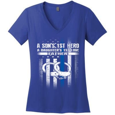 Police Father SonS First Hero Daughters First Love Gift Women's V-Neck T-Shirt