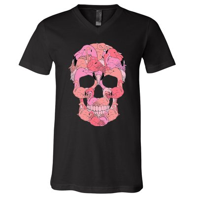 Pink Flamingo Skull Breast Cancer Awareness Halloween  V-Neck T-Shirt