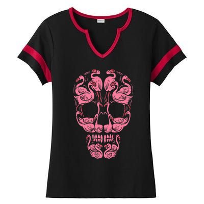 Pink Flamingo Skull Breast Cancer Awareness Halloween Women Ladies Halftime Notch Neck Tee