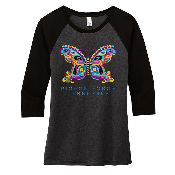 Pigeon Forge Tennessee Souvenir Butterfly Graphic Women's Tri-Blend 3/4-Sleeve Raglan Shirt