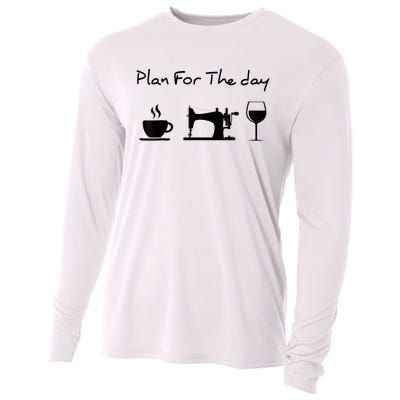 Plan For The Day Coffee Sewing Machine Wine Funny Lover Cooling Performance Long Sleeve Crew