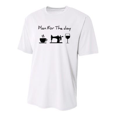 Plan For The Day Coffee Sewing Machine Wine Funny Lover Youth Performance Sprint T-Shirt