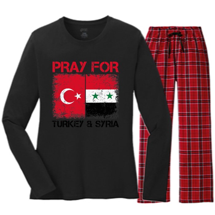 Pray For Turkey & Syria Flag Protect Turkey Syria Earthquake Women's Long Sleeve Flannel Pajama Set 