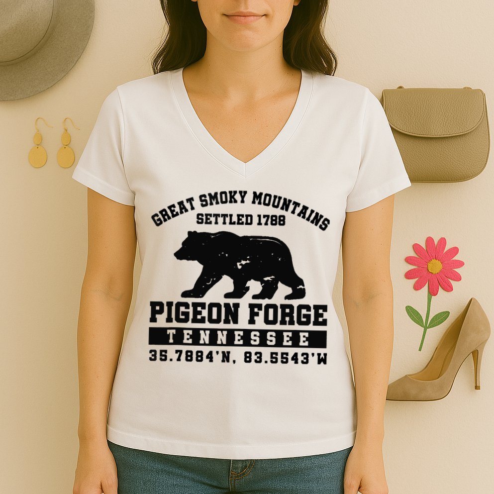Pigeon Forge Tennessee Bear Great Smoky Mountains Women's V-Neck T-Shirt