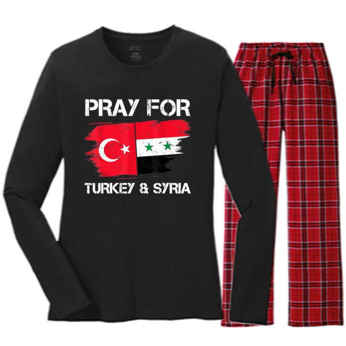 Pray For Turkey & Syria Flag Earthquake In Turkey Syria Women's Long Sleeve Flannel Pajama Set 