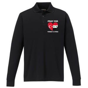 Pray For Turkey & Syria Flag Heart Turkey Syria Earthquake Performance Long Sleeve Polo