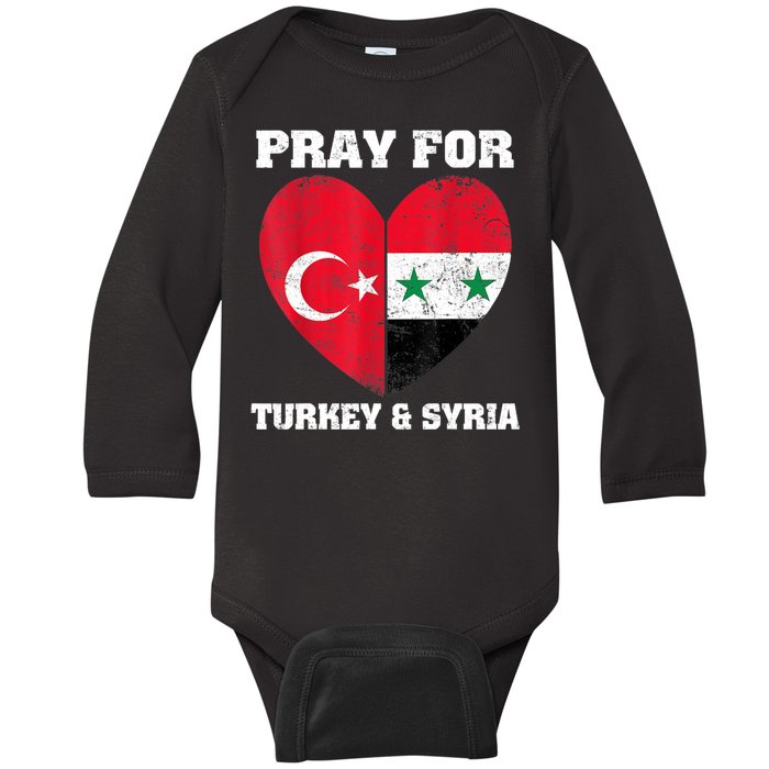 Pray For Turkey & Syria Flag Heart Turkey Syria Earthquake Baby Long Sleeve Bodysuit