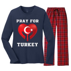 Pray For Turkey Earthquake Turkey Heart Flag Women's Long Sleeve Flannel Pajama Set 