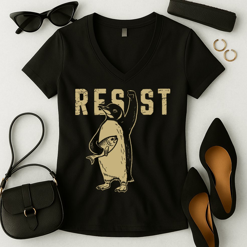 Penguin Flippers Up Resist Funny Penguins Against Trump Women's V-Neck T-Shirt