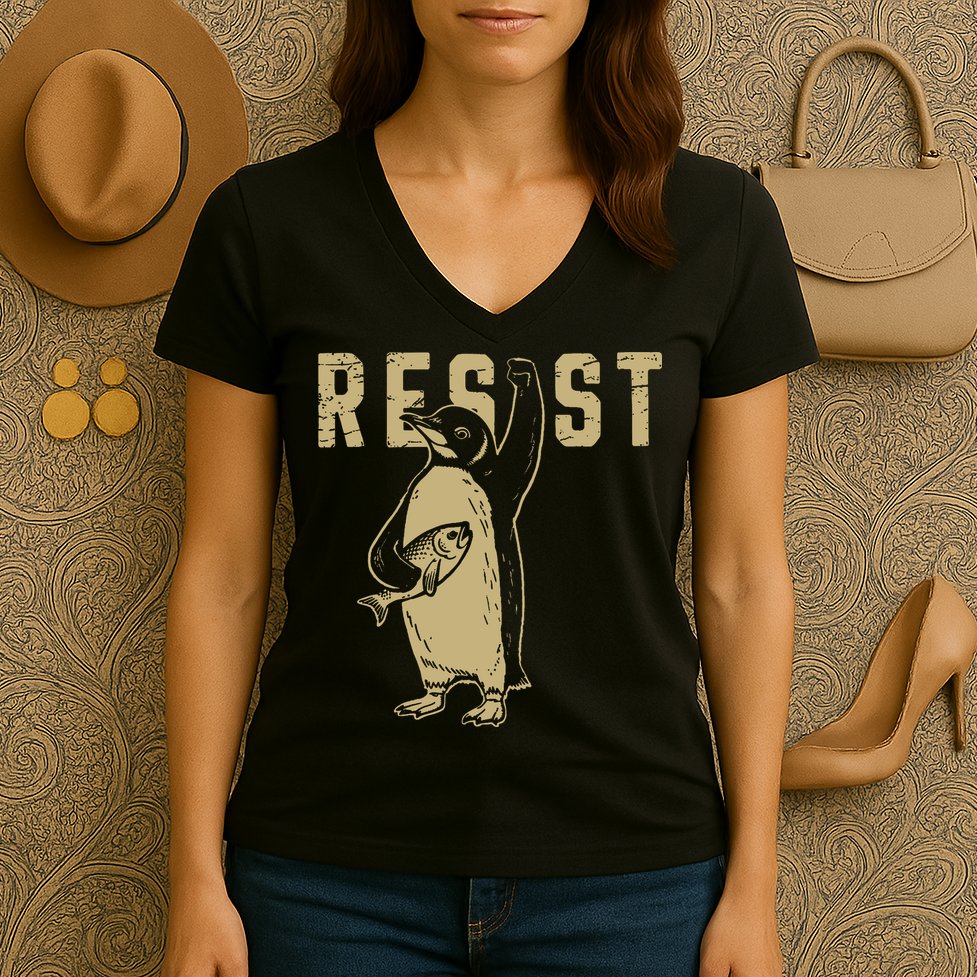 Penguin Flippers Up Resist Funny Penguins Against Trump Women's V-Neck T-Shirt
