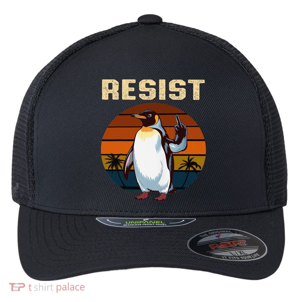 Penguin Flippers Up Resist Funny Penguins Against Trump Flexfit Unipanel Trucker Cap