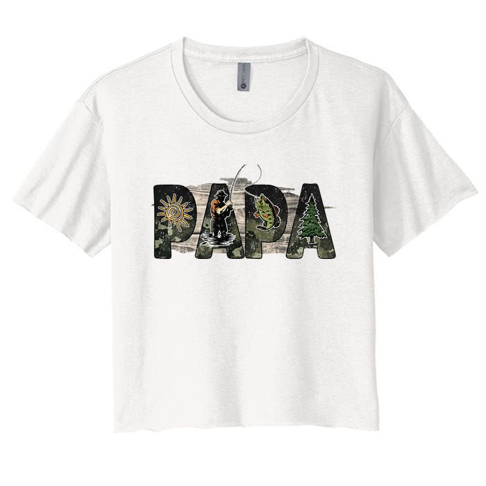 Papa Fishing Veteran Funny Flag USA Father's Day Vintage Women's Crop Top Tee