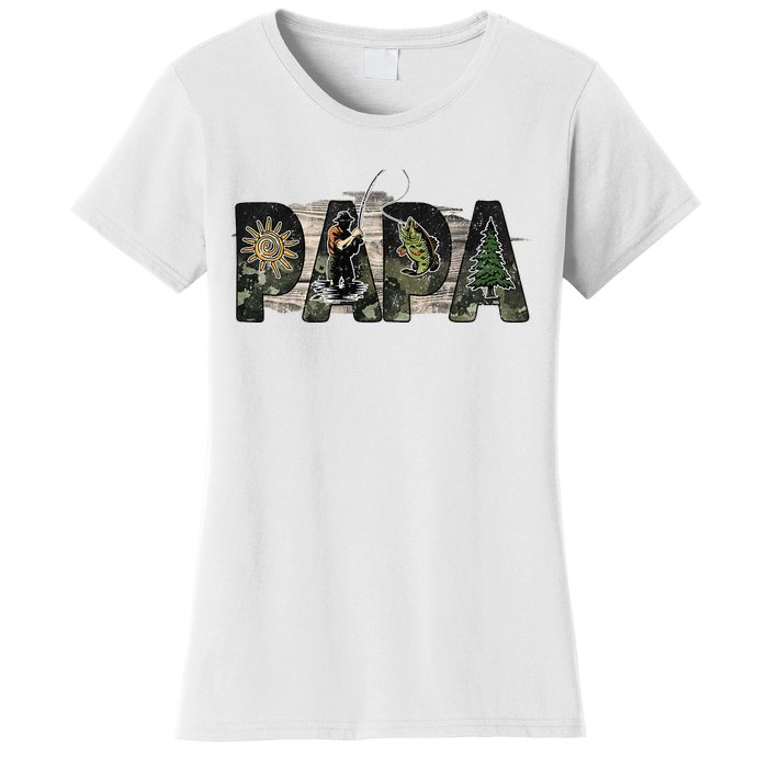 Papa Fishing Veteran Funny Flag USA Father's Day Vintage Women's T-Shirt