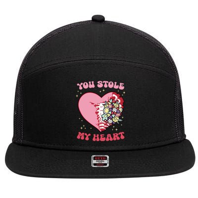 Pink Floral Valentine You Stole My Heart Matching Couple 7 Panel Mesh Trucker Snapback Hat