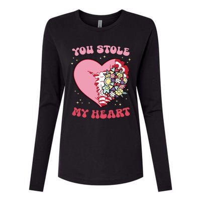 Pink Floral Valentine You Stole My Heart Matching Couple Womens Cotton Relaxed Long Sleeve T-Shirt