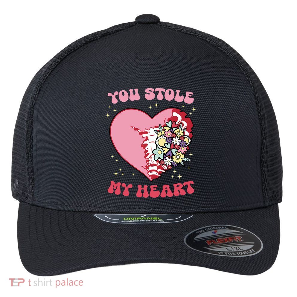 Pink Floral Valentine You Stole My Heart Matching Couple Flexfit Unipanel Trucker Cap