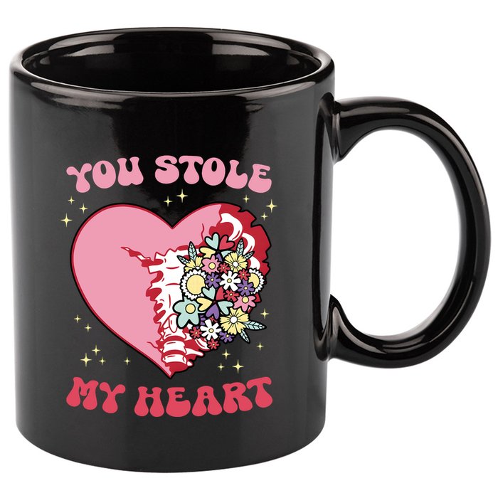 Pink Floral Valentine You Stole My Heart Matching Couple 11oz C Handle Ceramic Mug