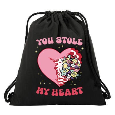 Pink Floral Valentine You Stole My Heart Matching Couple Drawstring Bag