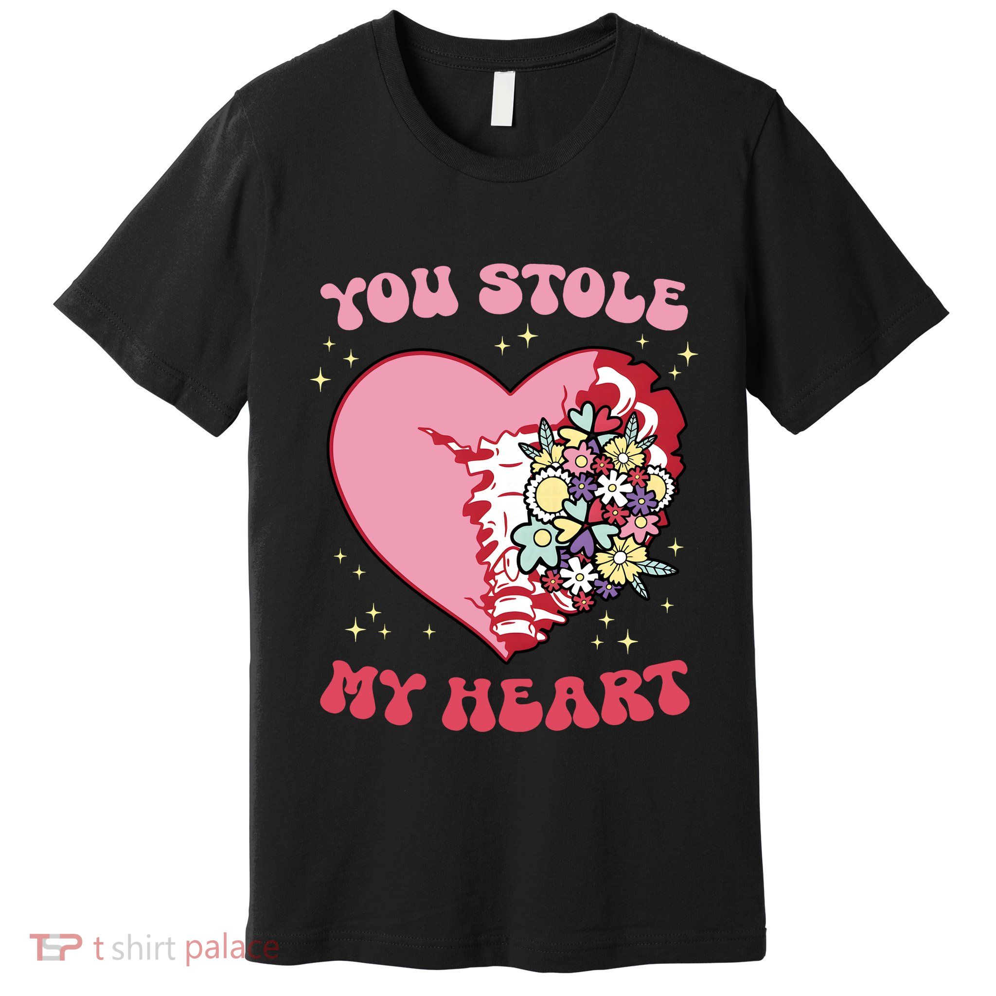 Pink Floral Valentine You Stole My Heart Matching Couple Premium T-Shirt