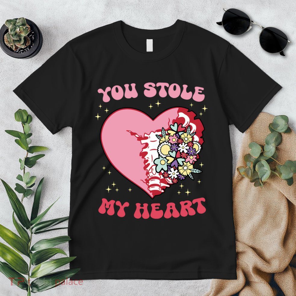 Pink Floral Valentine You Stole My Heart Matching Couple Premium T-Shirt