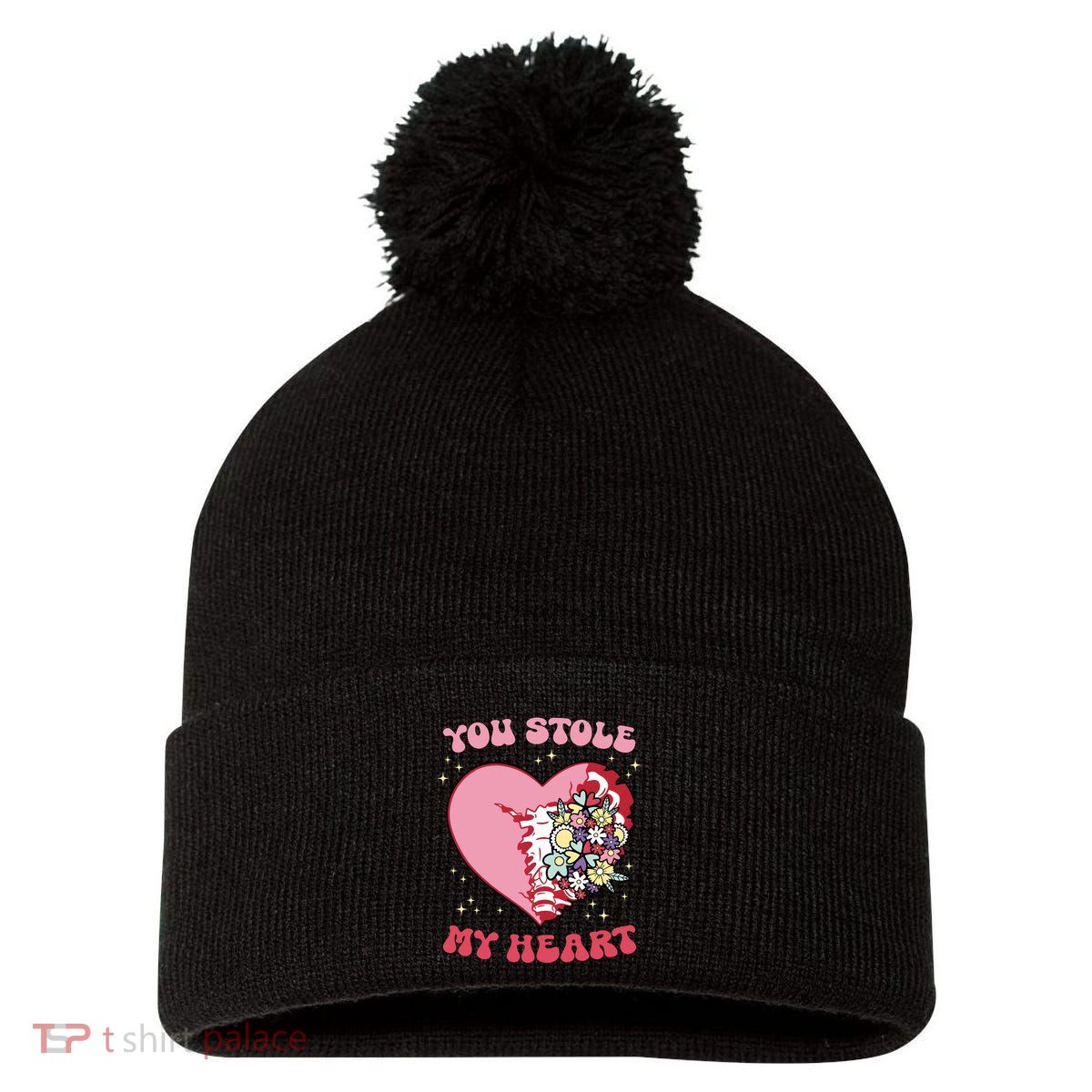 Pink Floral Valentine You Stole My Heart Matching Couple Pom Pom 12in Knit Beanie