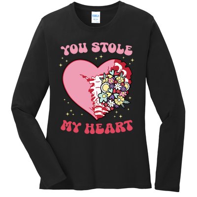 Pink Floral Valentine You Stole My Heart Matching Couple Ladies Long Sleeve Shirt