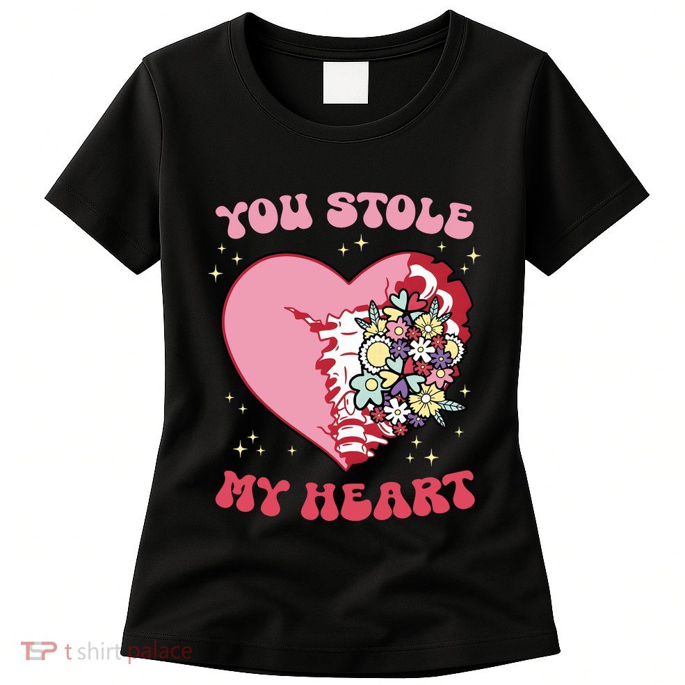 Pink Floral Valentine You Stole My Heart Matching Couple Womens T-Shirt