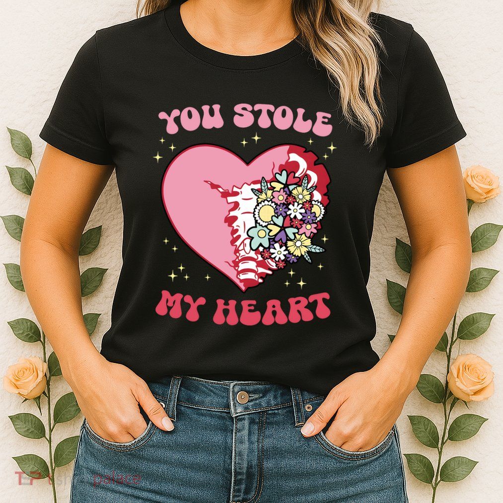 Pink Floral Valentine You Stole My Heart Matching Couple Womens T-Shirt