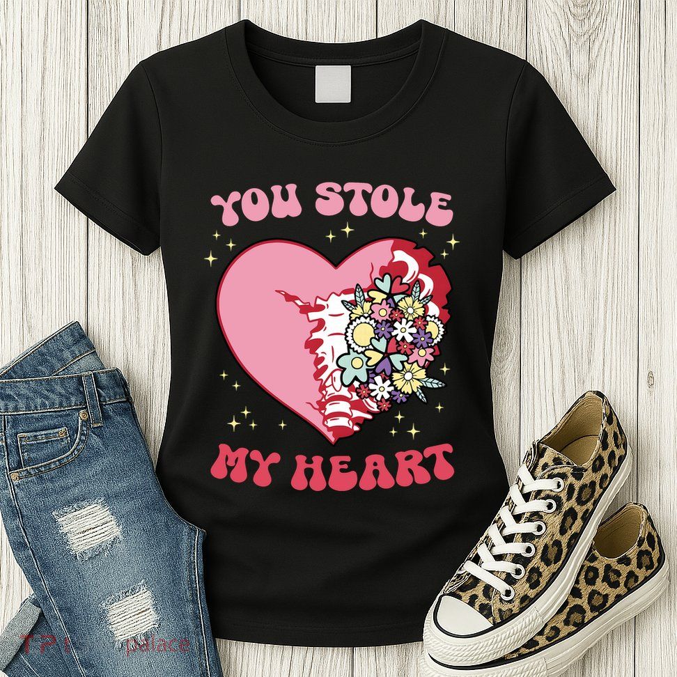 Pink Floral Valentine You Stole My Heart Matching Couple Womens T-Shirt