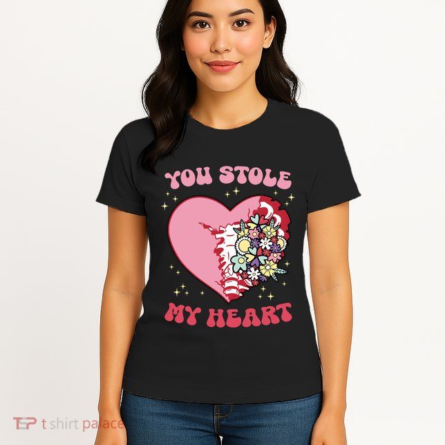 Pink Floral Valentine You Stole My Heart Matching Couple Womens T-Shirt