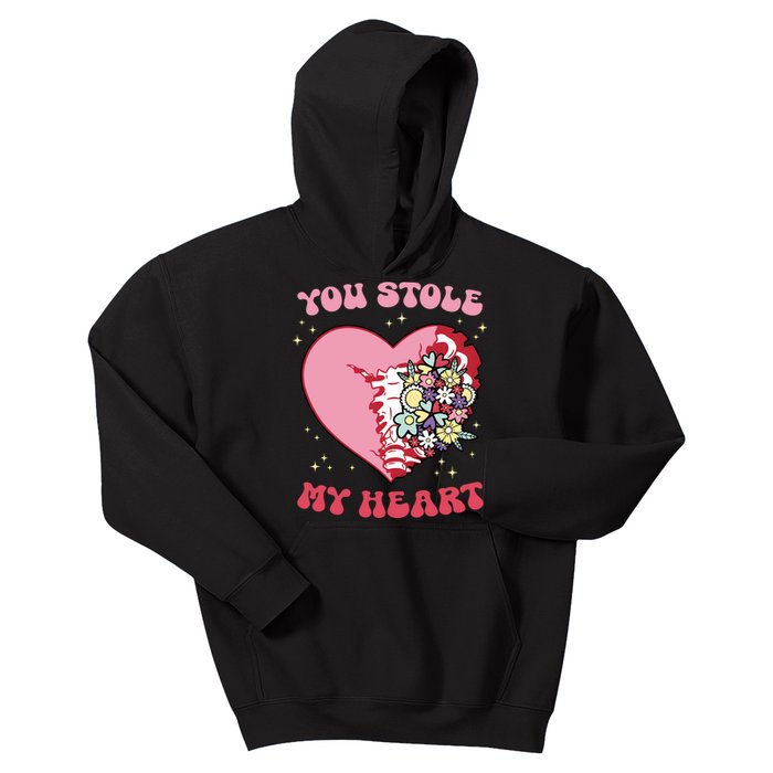 Pink Floral Valentine You Stole My Heart Matching Couple Kids Hoodie