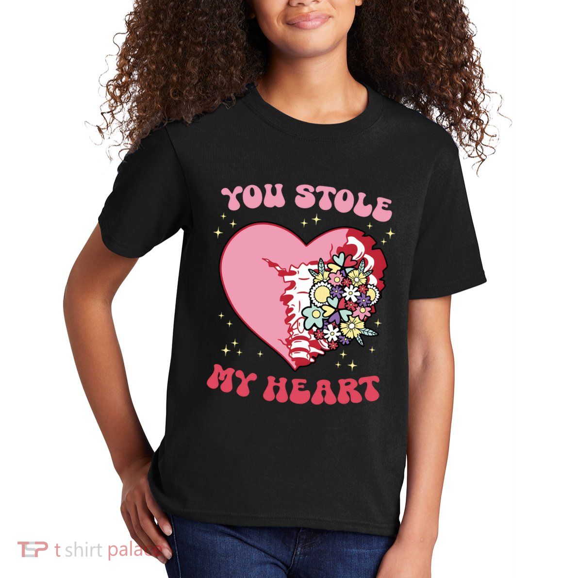 Pink Floral Valentine You Stole My Heart Matching Couple Kids T-Shirt