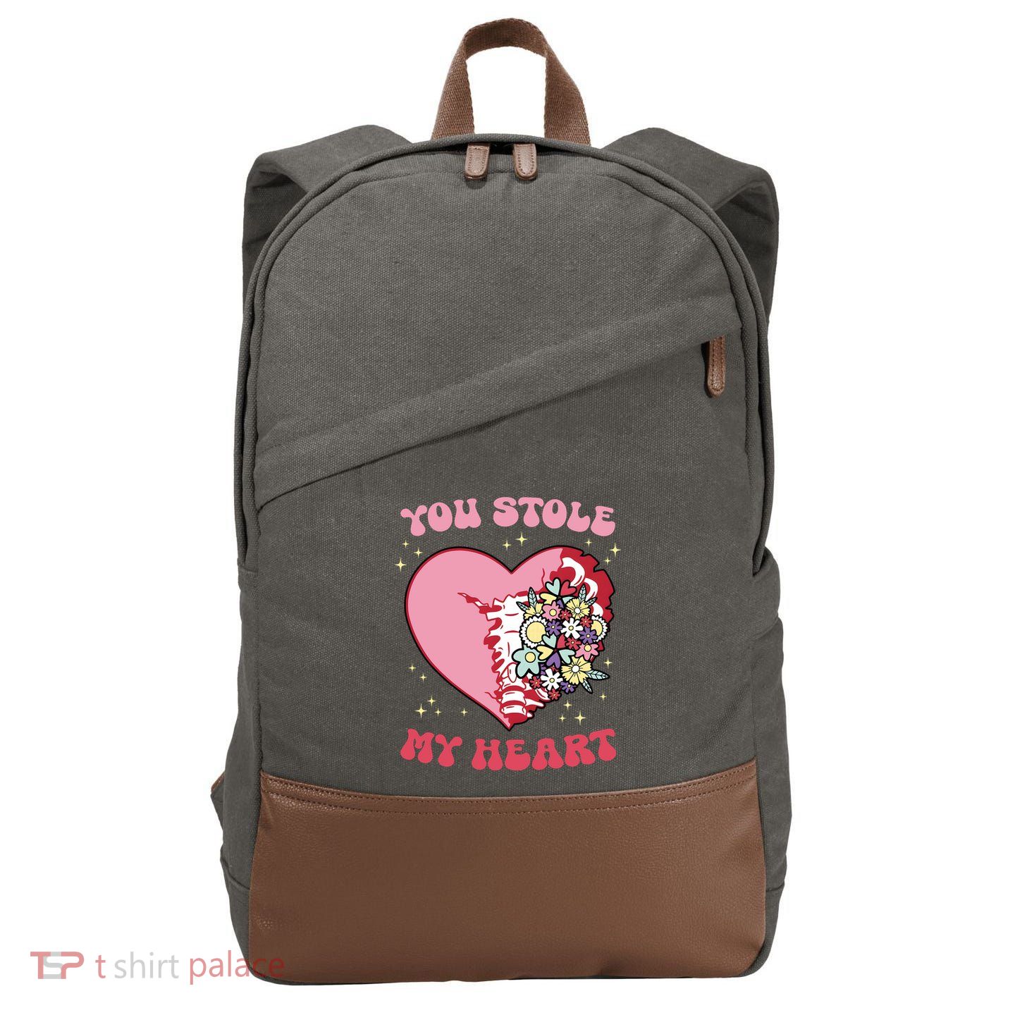 Pink Floral Valentine You Stole My Heart Matching Couple Cotton Canvas Backpack