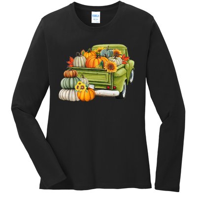 Pumpkin Fall Vintage Truck Ladies Long Sleeve Shirt