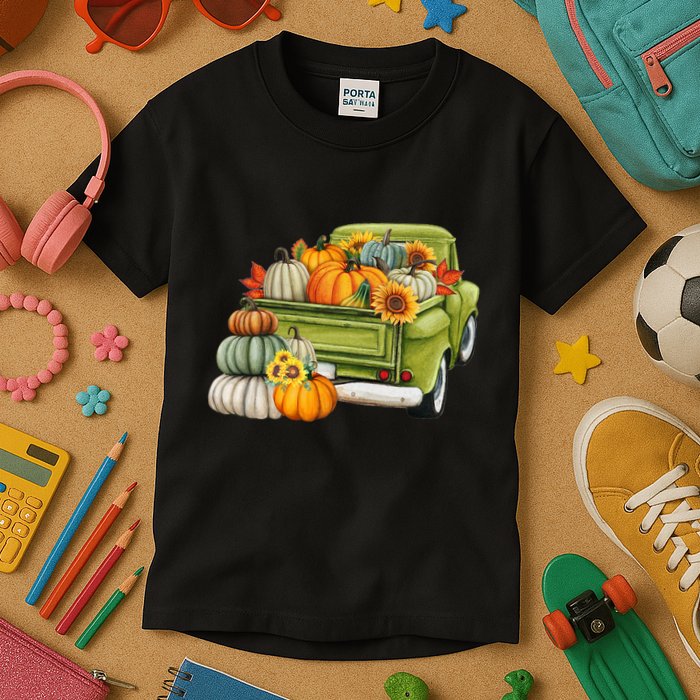 Pumpkin Fall Vintage Truck Kids T-Shirt