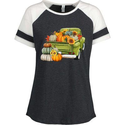 Pumpkin Fall Vintage Truck Enza Ladies Jersey Colorblock Tee