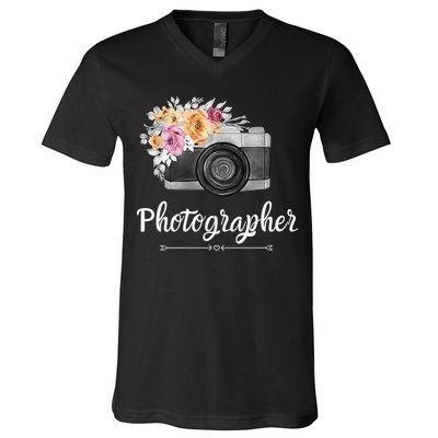 Photographer Floral Women Photography Camera Gift V-Neck T-Shirt