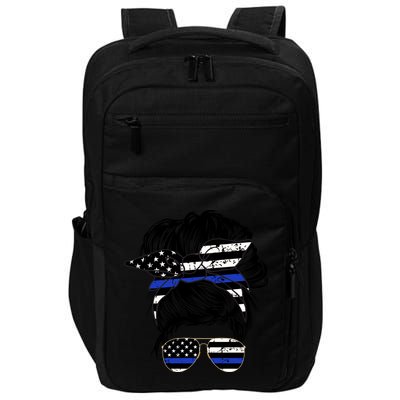 Police Flag Wife Mom Bun Hair Sunglasses Headband Impact Tech Backpack