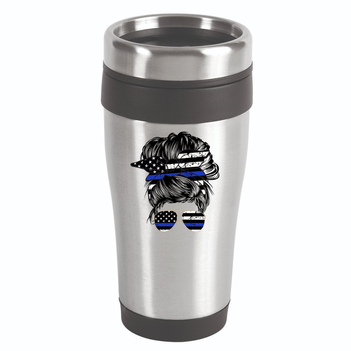 Police Flag Wife Mom Bun Hair Sunglasses Headband 16oz Travel Tumbler