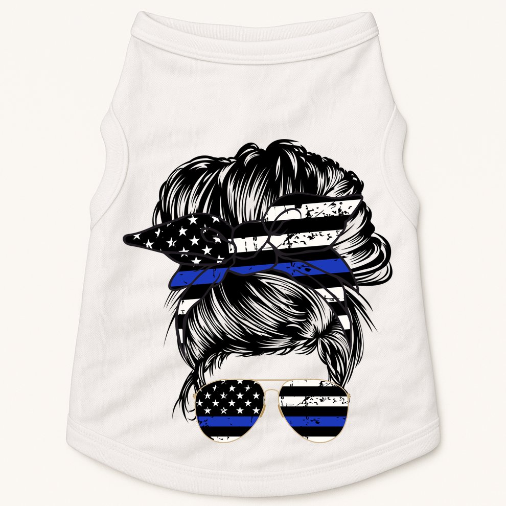 Police Flag Wife Mom Bun Hair Sunglasses Headband Doggie Tank