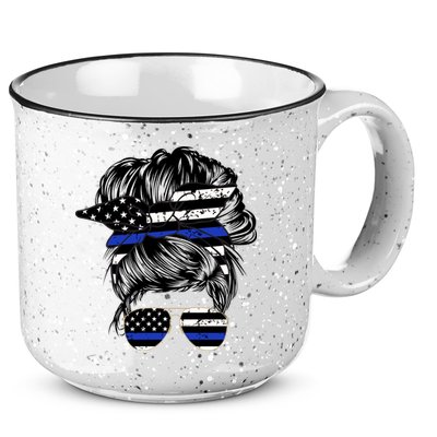 Police Flag Wife Mom Bun Hair Sunglasses Headband 15oz Campfire Ceramic Mug