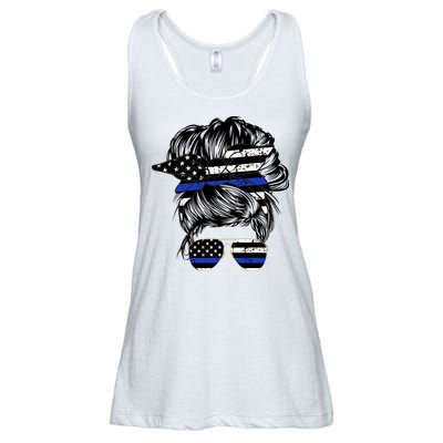 Police Flag Wife Mom Bun Hair Sunglasses Headband Ladies Essential Flowy Tank