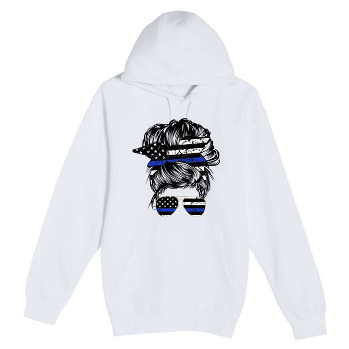 Police Flag Wife Mom Bun Hair Sunglasses Headband Premium Pullover Hoodie