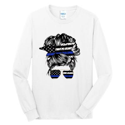 Police Flag Wife Mom Bun Hair Sunglasses Headband Tall Long Sleeve T-Shirt