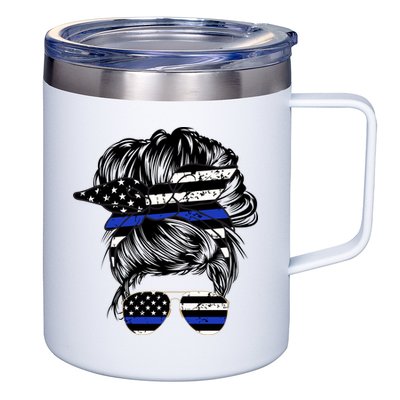 Police Flag Wife Mom Bun Hair Sunglasses Headband 12oz Stainless Steel Coffee Mug