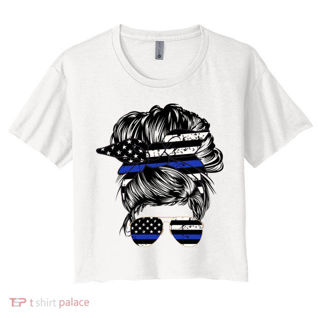 Police Flag Wife Mom Bun Hair Sunglasses Headband Crop Top