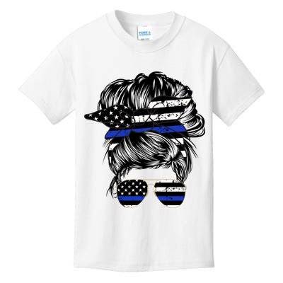 Police Flag Wife Mom Bun Hair Sunglasses Headband Kids T-Shirt