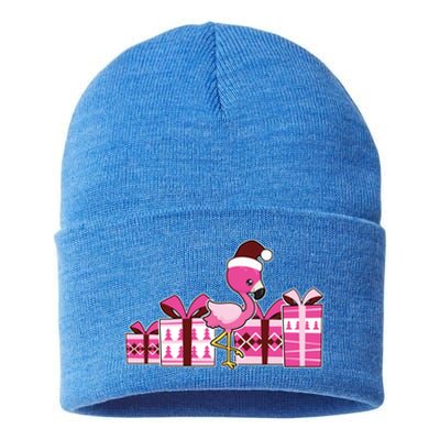 Pink Flamingo With Presents Cute Flamingo Christmas Cool Gift Sustainable Knit Beanie