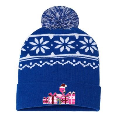 Pink Flamingo With Presents Cute Flamingo Christmas Cool Gift USA-Made Snowflake Beanie